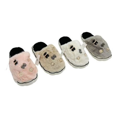 Papuci de casa pentri dama, model pufos cu accesorii L670, talpa inalta, marimi 36-41, en-gros