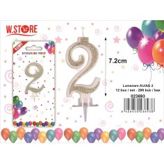 Lumanare pentru Tort, Cifra 2, cu sclipici Auriu/  Argintiu, 7.2cm