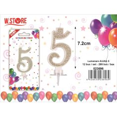 Lumanare pentru Tort, Cifra 5, cu sclipici Auriu/  Argintiu, 7.2cm