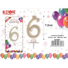Lumanare pentru Tort, Cifra 6, cu sclipici Auriu/  Argintiu, 7.2cm