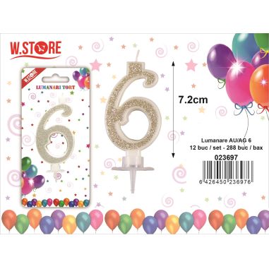 Lumanare pentru Tort, Cifra 6, cu sclipici Auriu/  Argintiu, 7.2cm