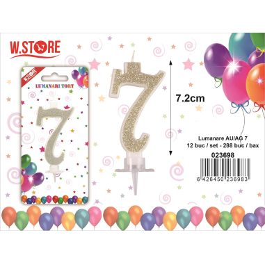 Lumanare pentru Tort, Cifra 7, cu sclipici Auriu/  Argintiu, 7.2cm