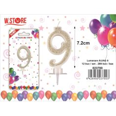 Lumanare pentru Tort, Cifra 9, cu sclipici Auriu/  Argintiu, 7.2cm
