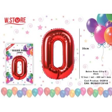 Balon din folie metalizata Cifra 0, Rosu, 35cm
