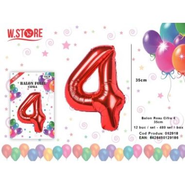 Balon din folie metalizata Cifra 4, Rosu, 35cm