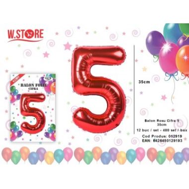Balon din folie metalizata Cifra 5, Rosu, 35cm